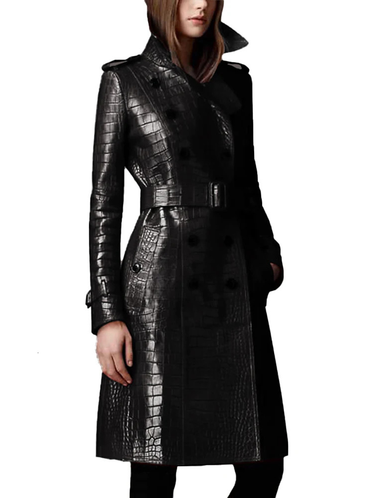 Lautaro Autumn Long Black Pattern Pu Leather Trench Coat for Women Belt Double Breasted Stylish British Style Fashion 241113