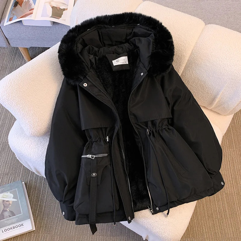 Fleece Lined Hood Down Jacket Winter Coat for Women Warm Drawstring Padded Parkas Korean Casual Streetwear Female Puffer Outwear y241108