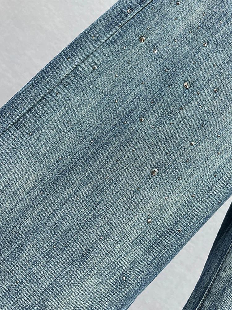 Women's Jeans High Waist Pockets Edge Diamond Studded Straight Wide Leg Blue Denim Pants 2024 Autumn Fashion 29L3903