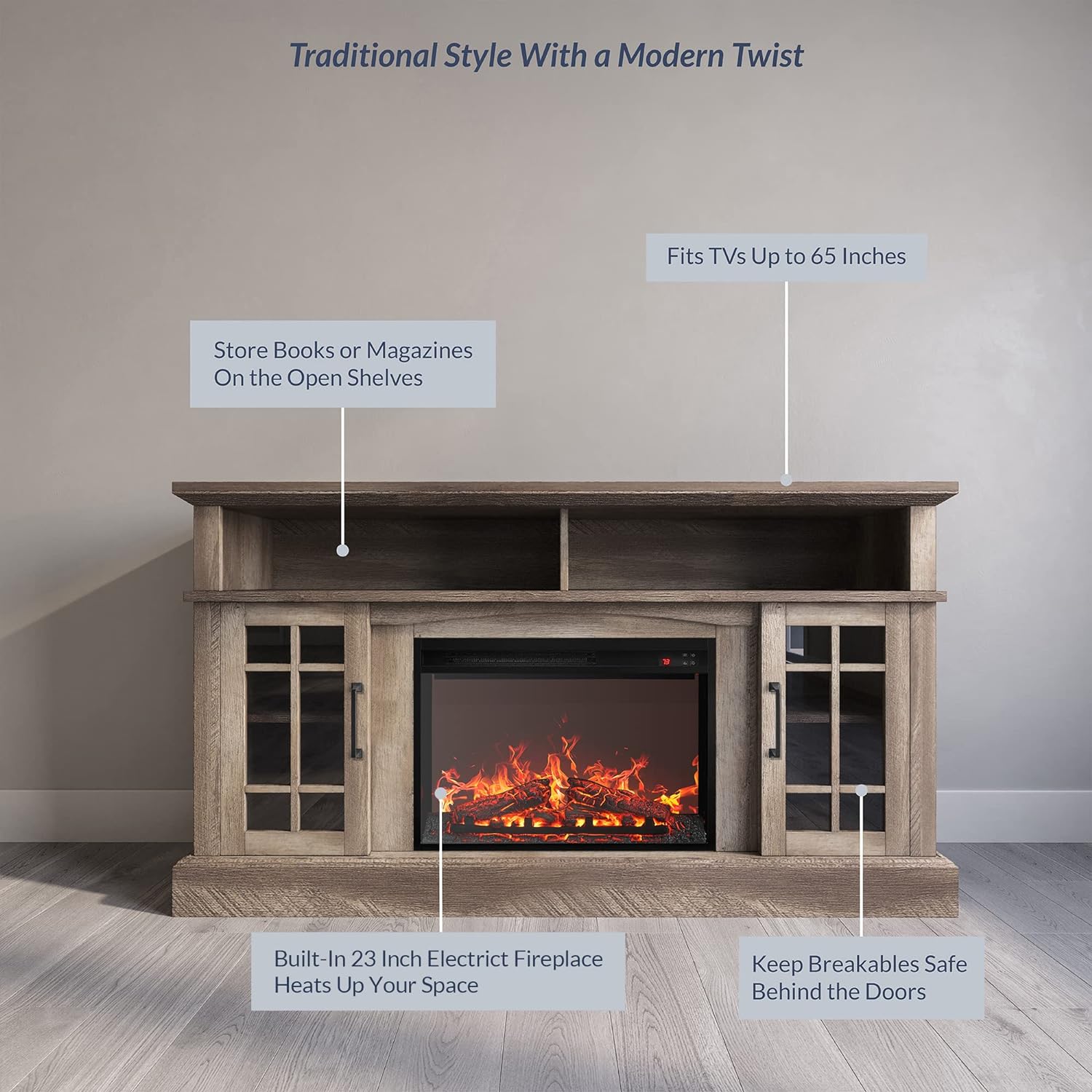 BELLEZE Traditional 58 Inch Rustic TV Stand with 23 Inch Electric Fireplace & Media Entertainment Center Console Table for