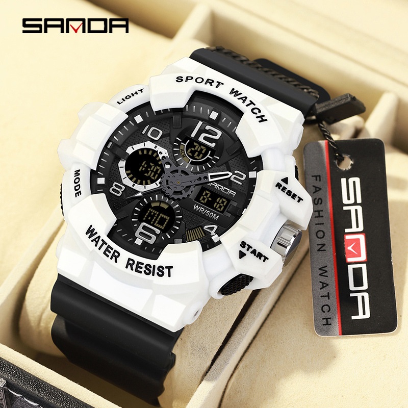 SANDA 3168 Trendy Men Led Analog Display Alarm Clock Mode Digital Quartz Movement 50M Waterproof Outdoor Sports Wrist Watch 1d232