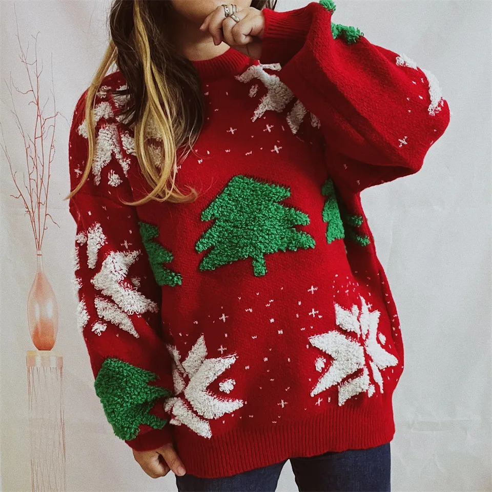 OMCHION Green Christmas Sweater Fashion Tree Embroidery Knitted Casual Loose Retro Womens Knitted Sweater 241113