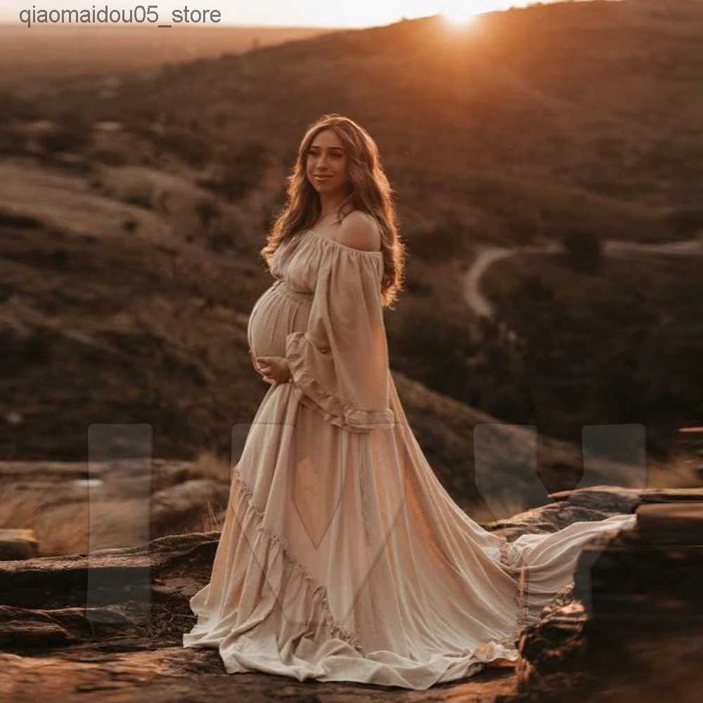 Maternity Dresses Bohemian photo shoot maternity dress one shoulder with split drag dress Photoshot clothing maternity photography props Q240413