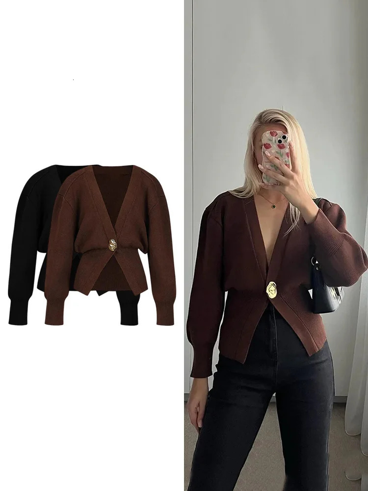 TRAF Womens Knitted Cardigan Jacket Fashion High Street Alien Button Trimmed ner Warm Sweater Style Chic Womenswear 241113