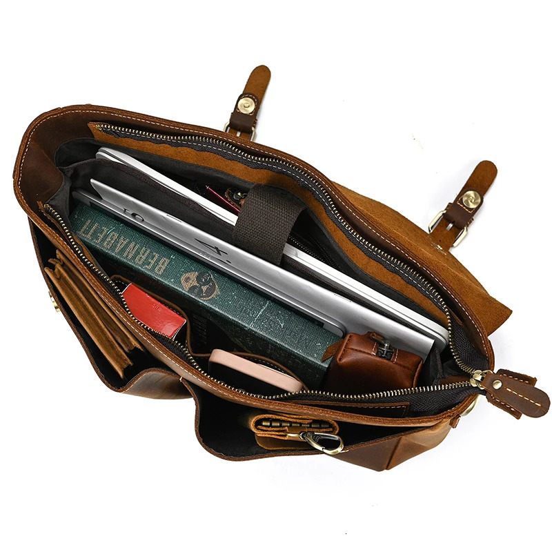sbirds leather briefcase shoulder bag retro style mens cross body bag A4 book messenger womens handbag 241112