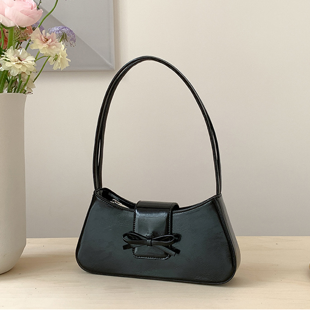 Small Sweet Bow Shoulder Bag Retro Solid PU Leather Y2K Purse Fashion Handbag Trendy Underarm Bag for Women and Girls