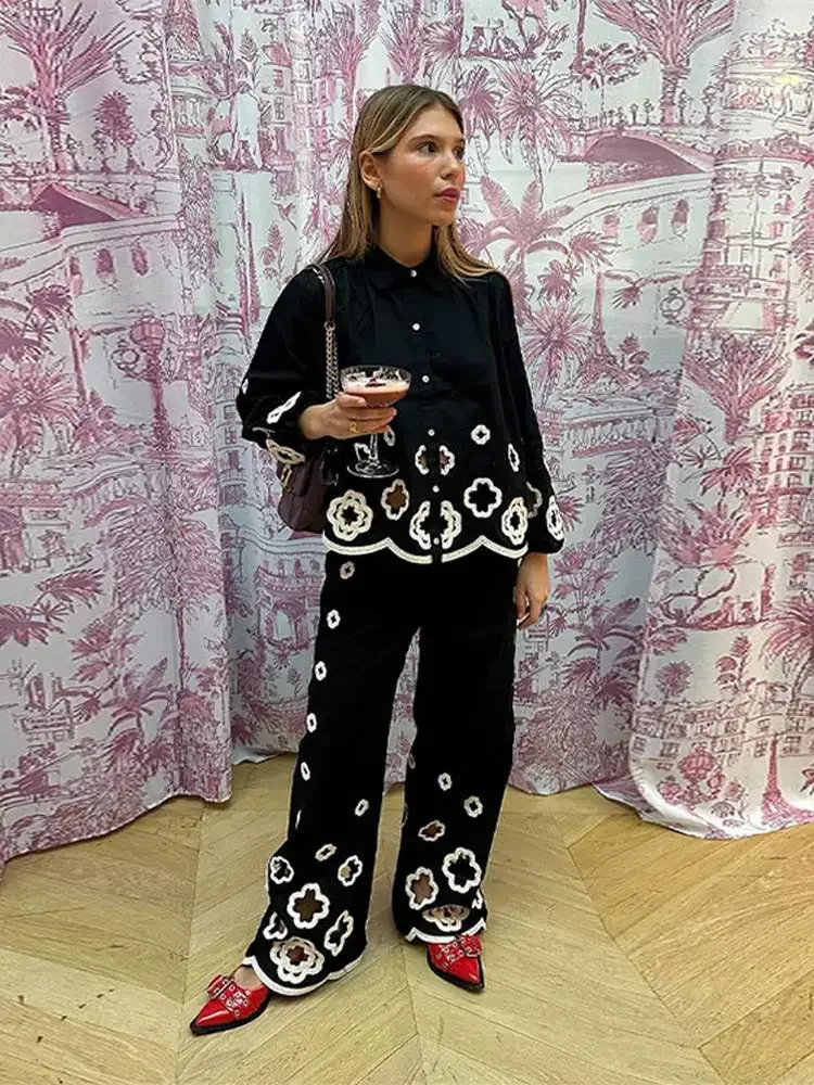 2024 Spring Chic Hook Flower Hollow Out Womens Lace Pants Set Retro Lapel Long Lantern Sleeve Shirt Suit Lady Elegant Outfit 240402