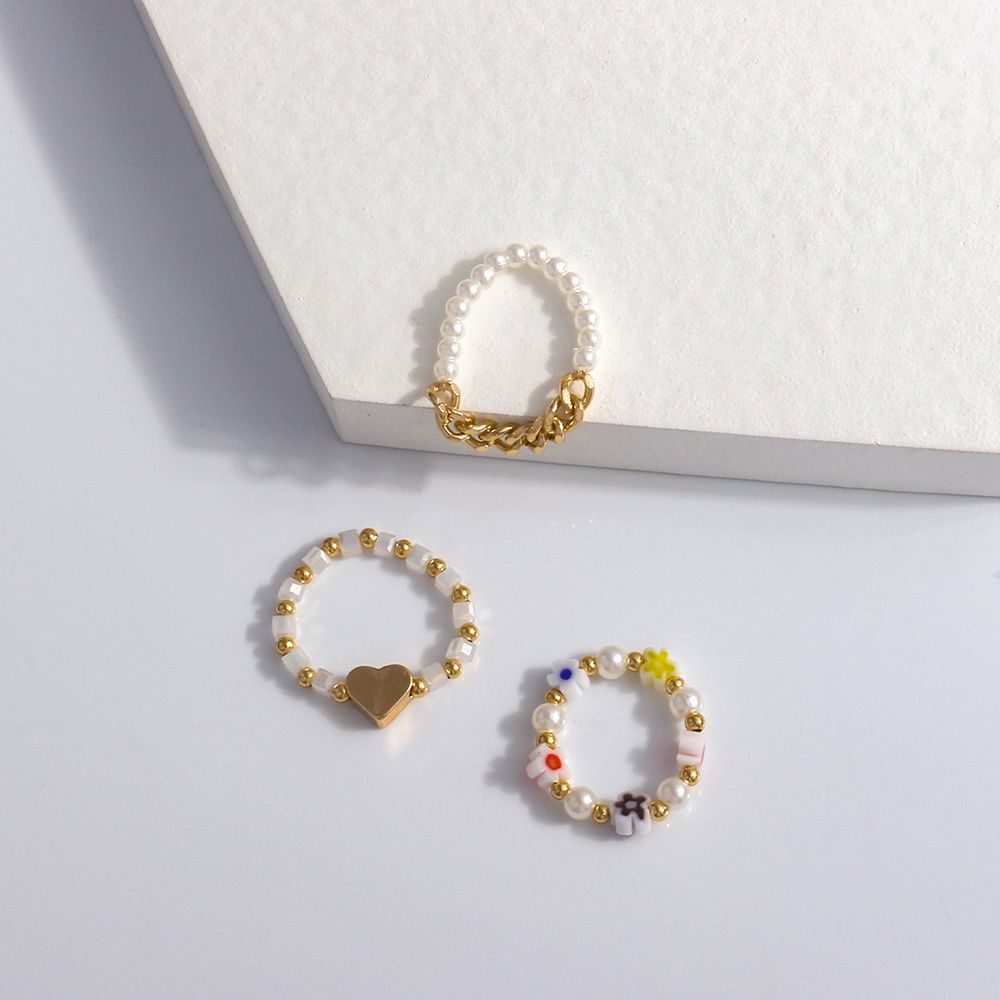 Elastic Trendy Pearl Bohemia Korean Acrylic Women Ring Party Jewelry Finger Ring Set Beaded Rings 2a174