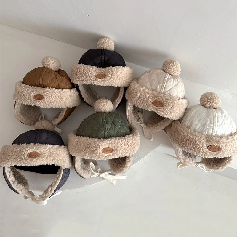 Kids Winter Plush Earflaps Beanies Childrens Padded Caps Baby Girls Thicken Warm Fur Hats 1-4Years Woolen Bomber Hats for Boys 241112