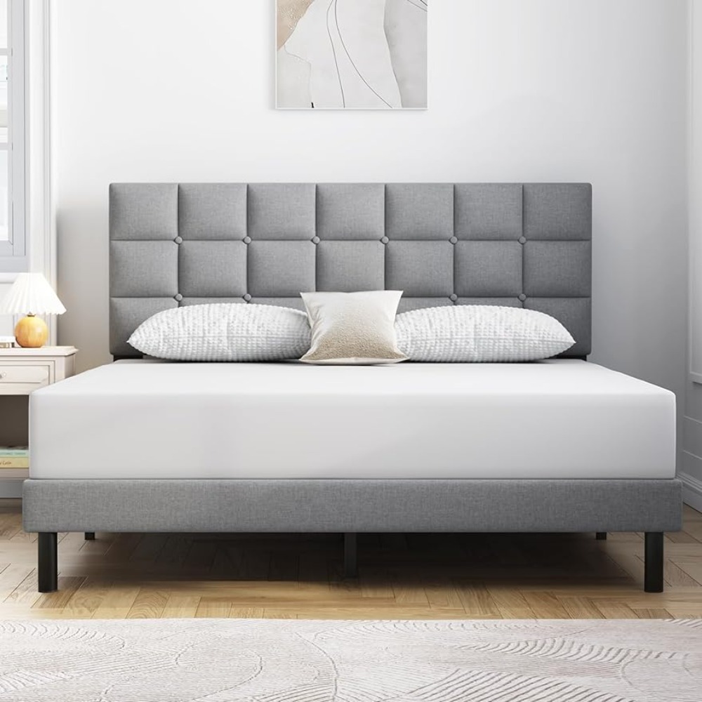 Full bed frame upholstered platform,With headboard and sturdy wooden slats,Anti-slip and noiseless,