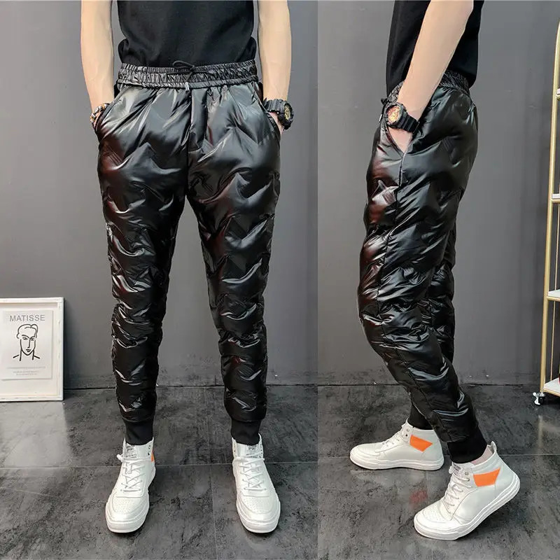 shiny winter down pants thick and warm sports pants casual mens ultra-thin outdoor windproof and waterproof cotton pants 241111