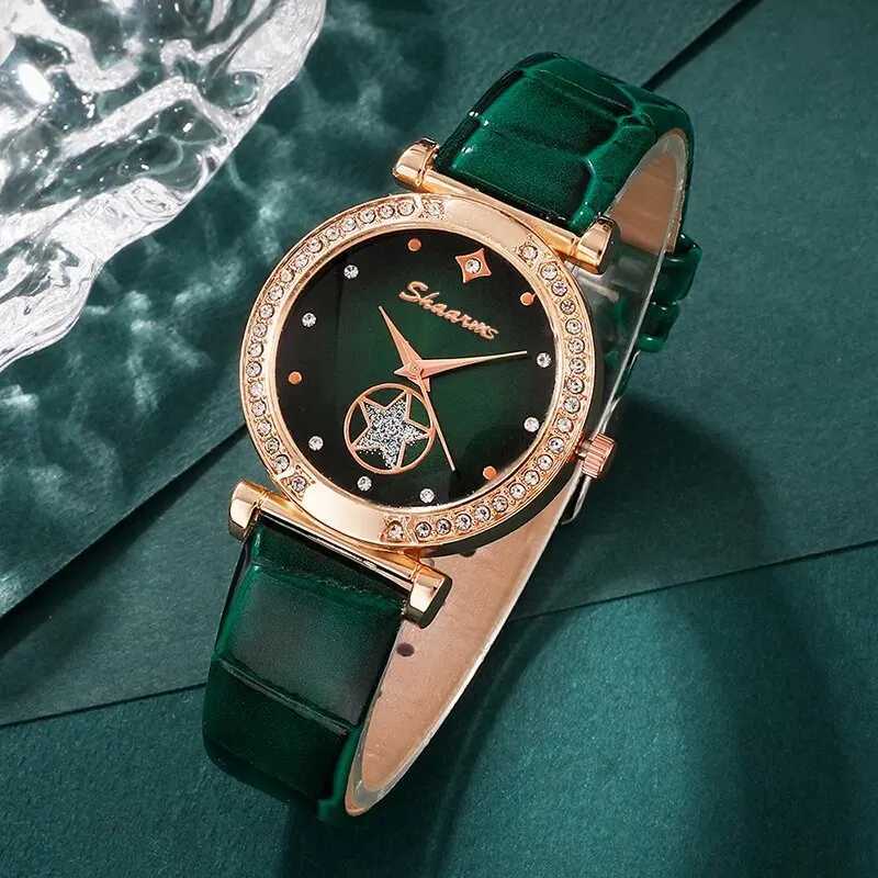 6PCS Set Green Luxury Quartz Watch Women Ring Necklace Earring Rhinestone Fashion Wristwatch Casual Ladies Bracelet WatchesXJ241109