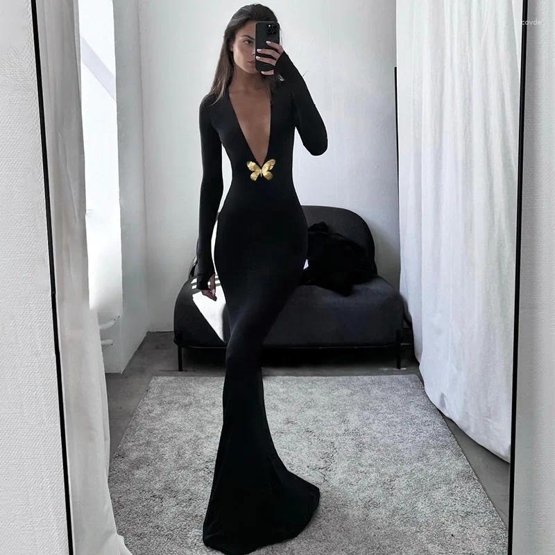 Casual Dresses Embellished Elegant Deep V Neck Maxi Dress Gown Club Outfits Autumn Long Sleeve Sexy Bodycon Mermaid Robes