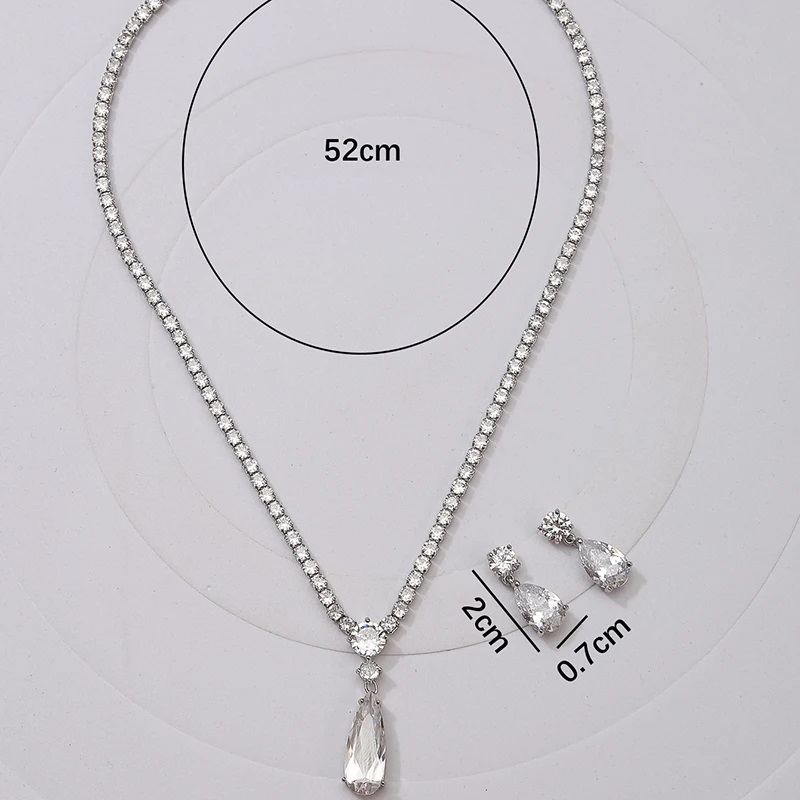 Water Drop Rhinestone Obega Long Pendant Crystal Sier Plated Necklace Earrings Elegant Zirconia Bridal Wedding Jewelry Set smile