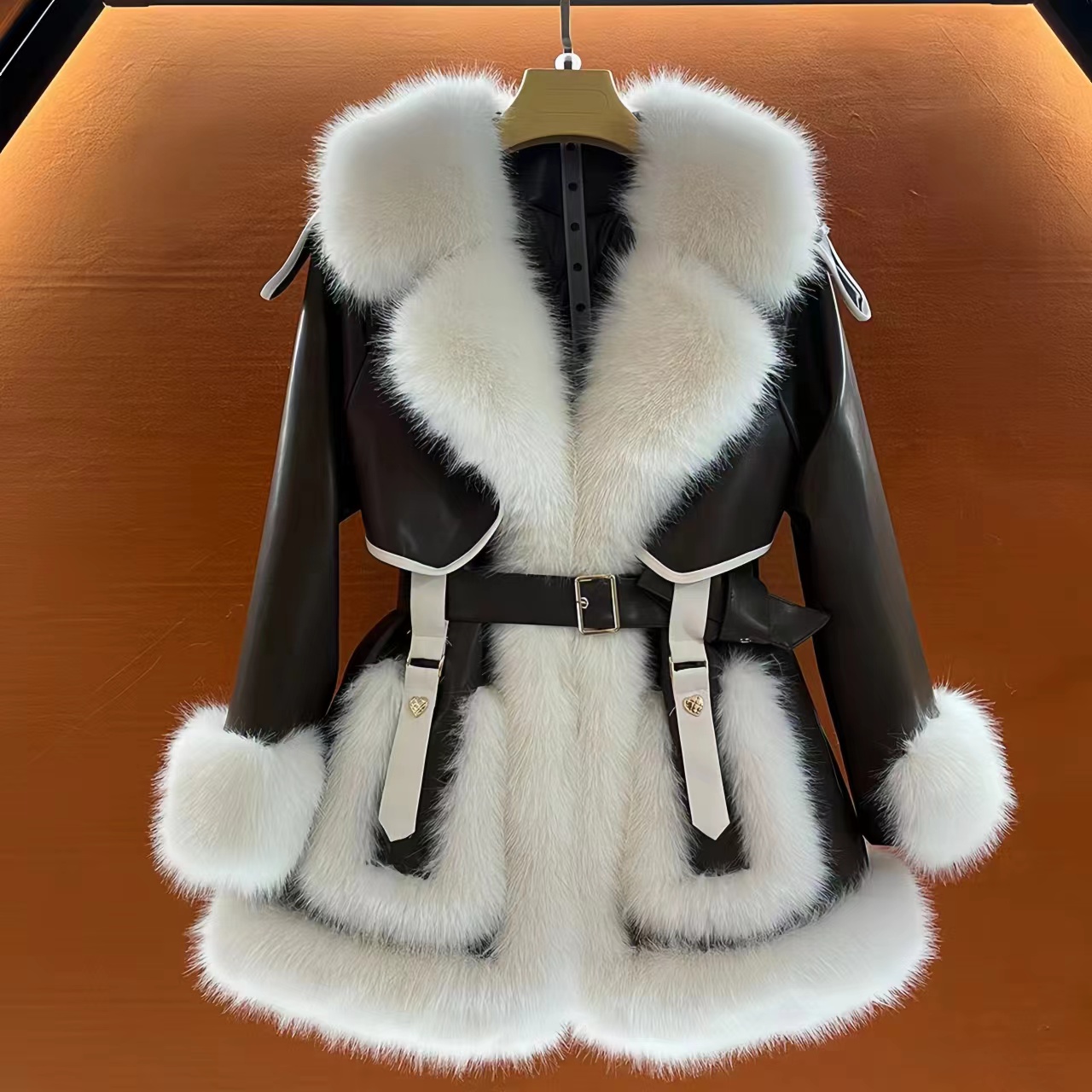 Faux Coat For Women,Korean Short Jackets,Large Fur Collar Overcoat,Adjustable Waist, Female Clothe, Winter,New, 2024