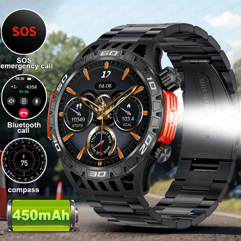450 Battery LED MAh Flashlight Smart Watch Men Compass Heart Rate Health Monitoring IP68 Waterproof Bluetooth Call Sports Watch smile