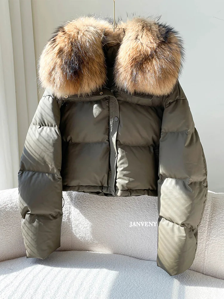 Janveny Real Natural Fur Winter Stand collar short Pu puff jacket womens thick duck style warm jacket 241112