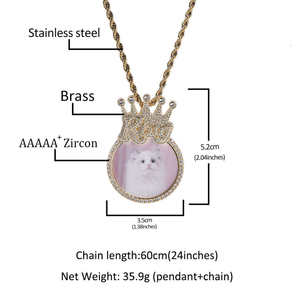 Top Quality Cute Crown Circular Custom Photo Pendant Necklace Hip-hop Personalized Full Diamond Diy Picture Memorial Jewelry Gifts Iced Out Gemstone B