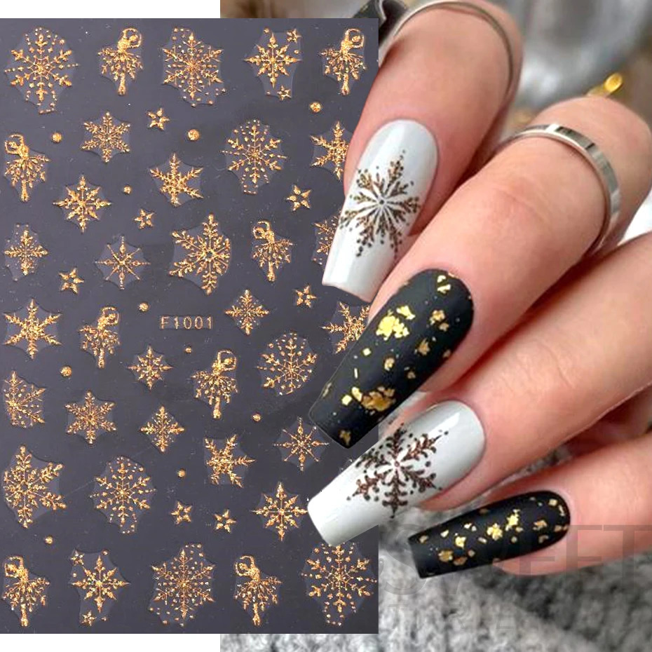 3D Gold Glitter Snowflake Nail Sticker Winter Reflective White Sweater Star Dancer Christmas Tree Foil Xmas Year Decal Tips 241112