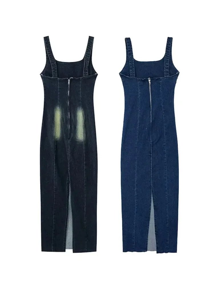 HH TRAF Womens Summer Vintage Denim Dress Fashion quare Neck Sleeveless Back Zipper Casual Slim Slit Sexy Midi Dresses 240402