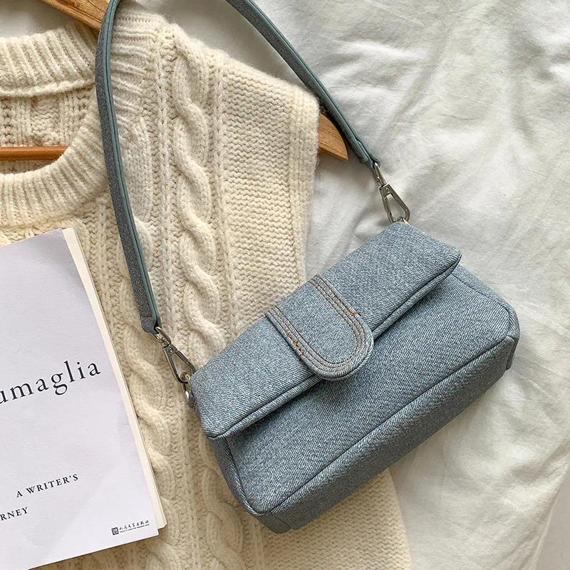 Shoulder Bags Fashion Women Simple Denim Solid Vintage Office Lady Elegant Handbags Casual All Match Underarm Bag Y2k Aesthetic