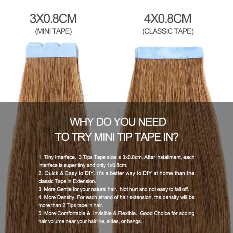 02# Chocolate Brown Mini Tape in Hair Extensions Human Hair Natural Hair Extentions 3x0.8cm Tape Weft Tape Ins 10pcs/pack