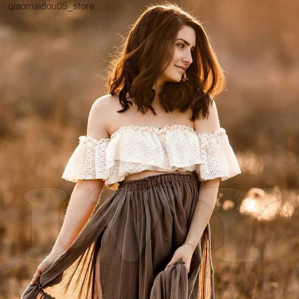Maternity Dresses Bohemian Pregnant Womens Dress Lace and Linen Cotton Combination Two Piece Set Contrast Color Retro Design PhotoShoot Q240413