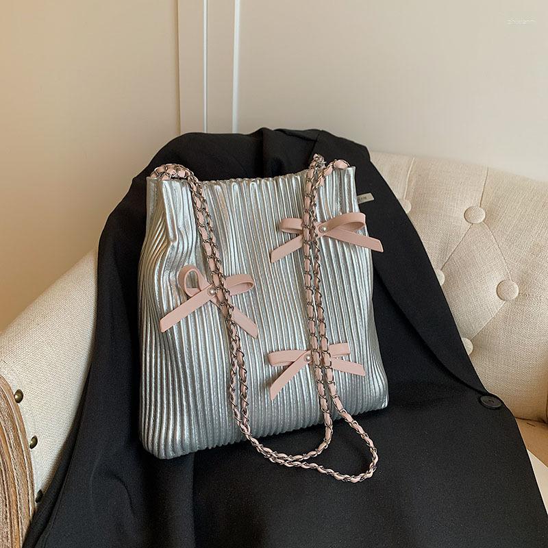 Drawstring Fashion Bucket Bag Korean Style Simple Casual Shoulder Summer Niche Pleated Handbag Bow Women's zhanyishengli