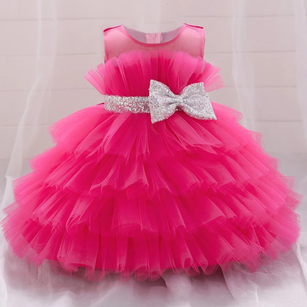 Toddler Fluffy Pink Wedding Party Dresses for Baby 2-8 Yrs Sequin Bow Tulle Baptism Birthday Princess Clothe Lace Summer Dresses 240407
