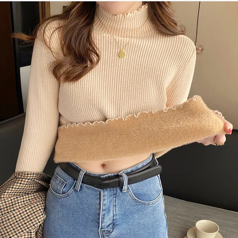 Womens pleated plain neck sweater in autumn and winter thick wool insulation puller womens cashmere sweater 241113