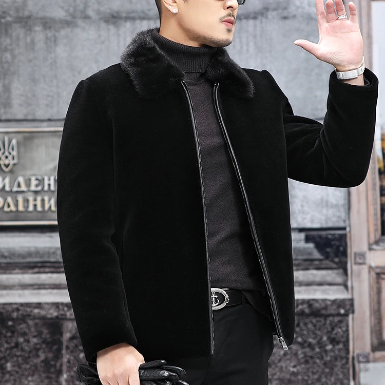 Mens autumn and winter fashion mink collar jacket mens long sleeved casual jacket mens genuine leather warm jacket S139 241112