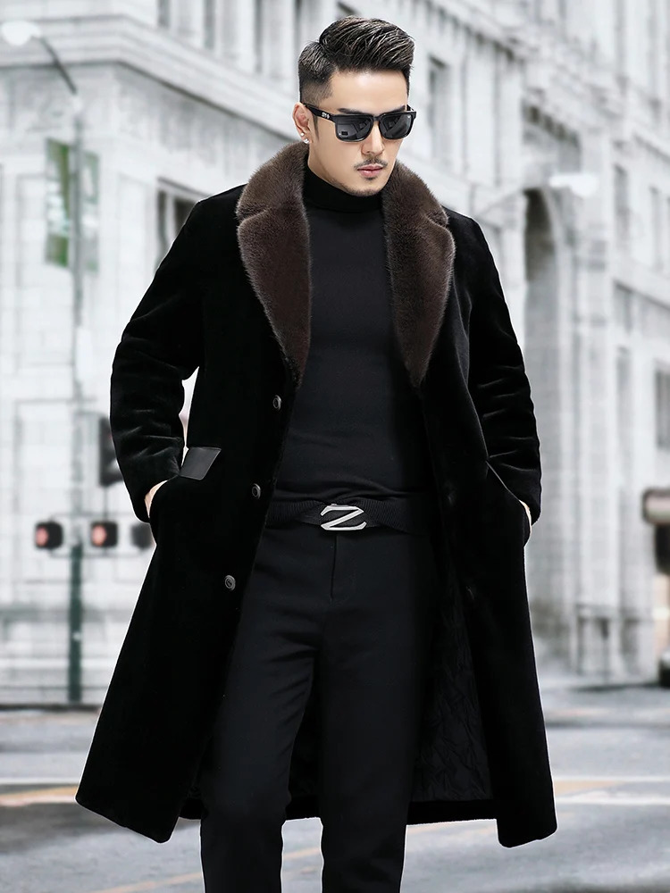Mens Winter Pocket Sheep Wool Coat Mens Genuine Mink Collar Leather Jacket Mens Long Leather Warm Coat P508 241112