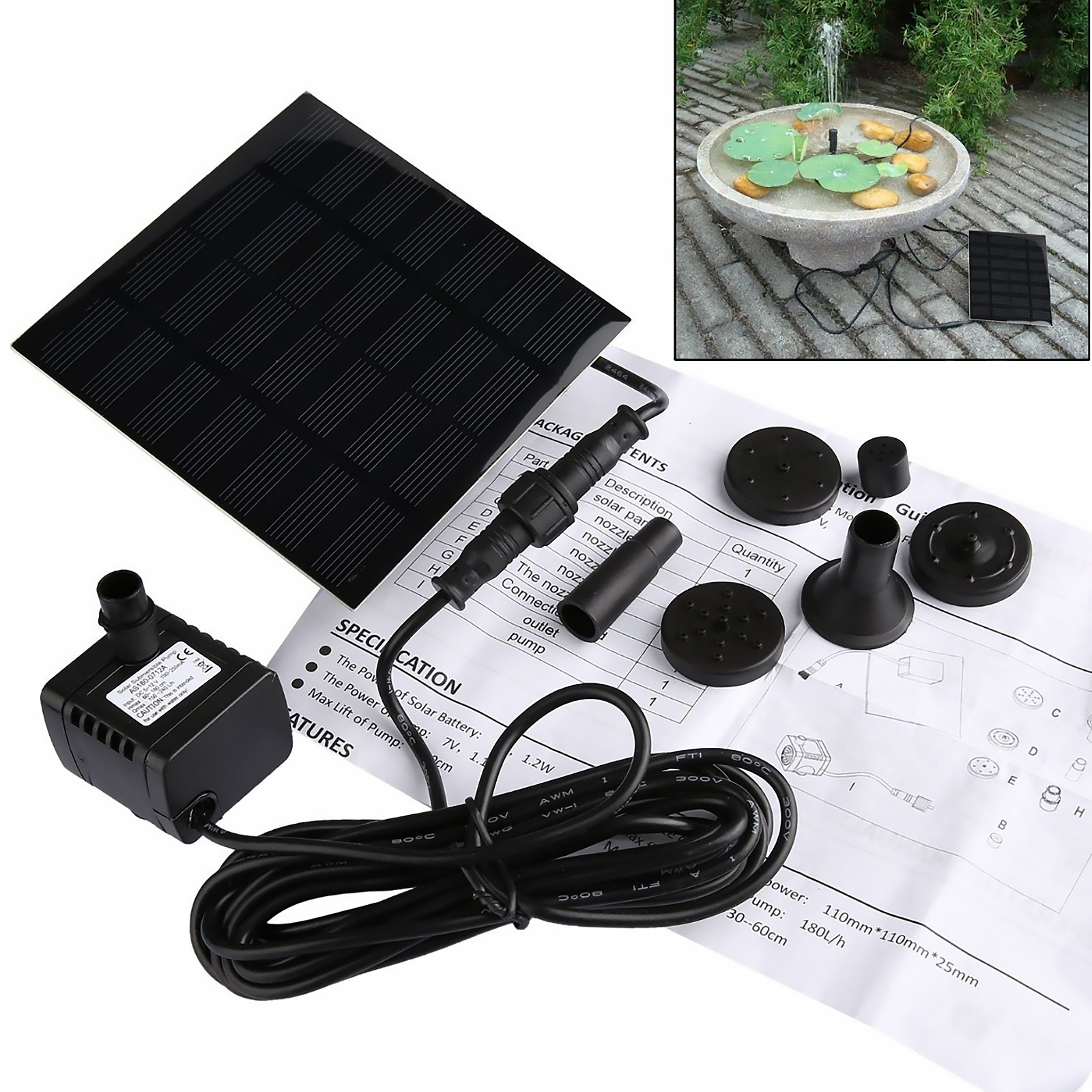 Solar Fountain Pump Replaceable with 6 Nozzles Pond Fountain Water Pump Easy Installation Portable for Pool Fountain Submersible