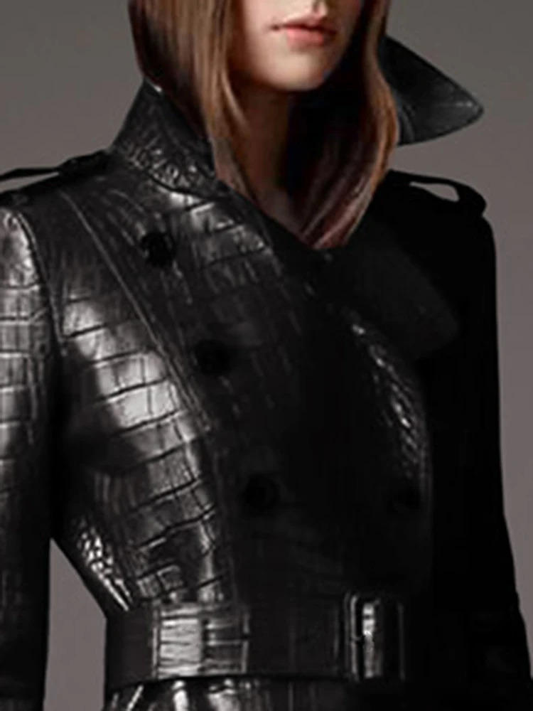 Lautaro Autumn Long Black Pattern Pu Leather Trench Coat for Women Belt Double Breasted Stylish British Style Fashion 241113
