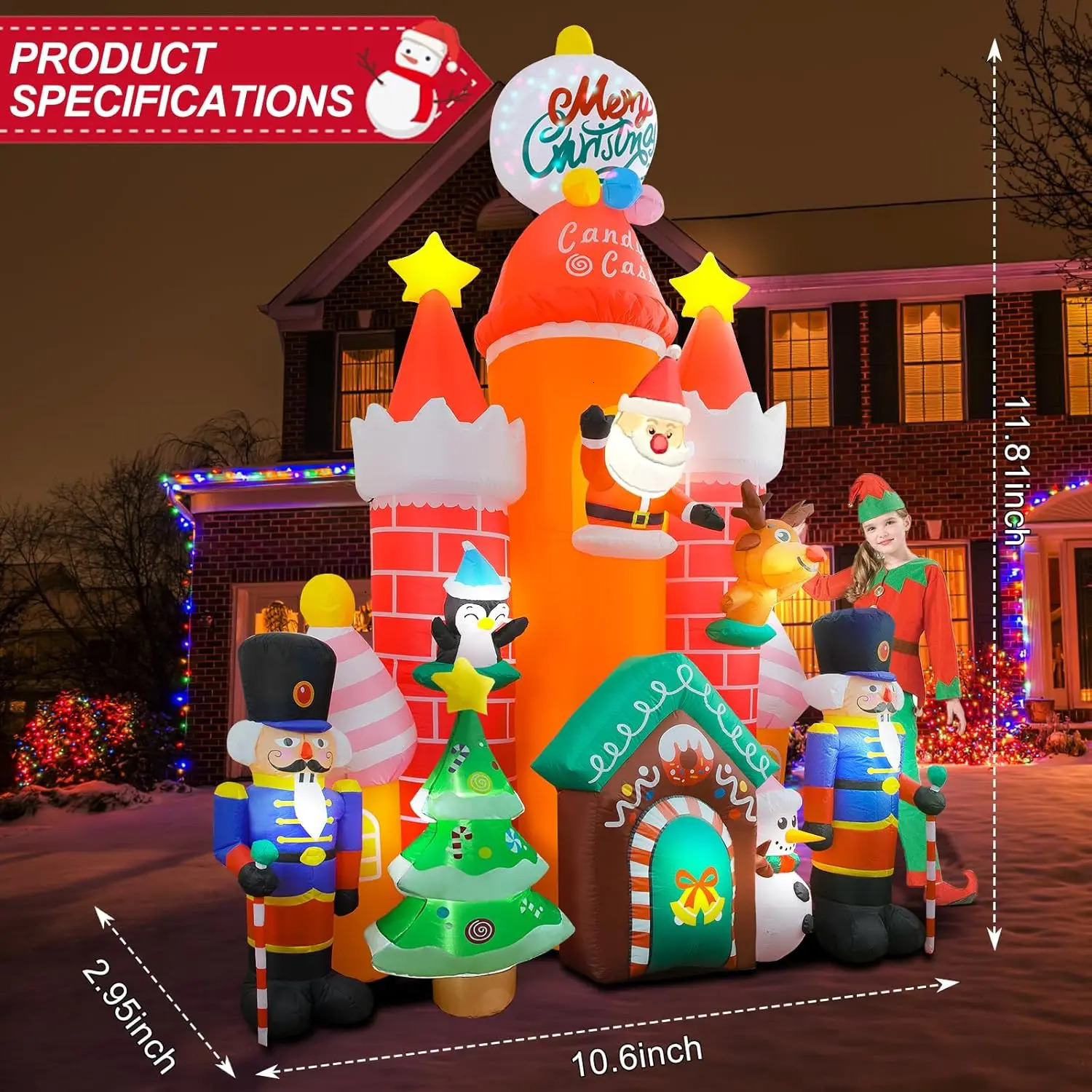 98 FT Christmas Inflatable Candy Castle Blow Up Decorations with Soldier Santa Reindeer Snowman Tree 241108