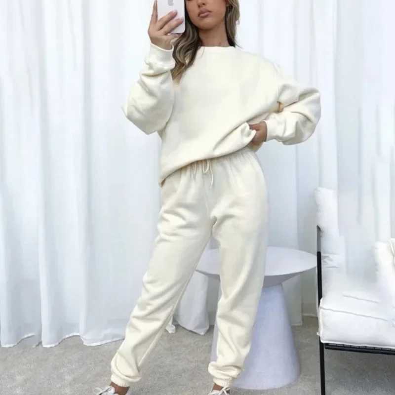 2024 European and American Spring and Autumn Solid Color Round Neck Hooded Pants Womens Fashion Casual Long Sve Hoodie SetX241112