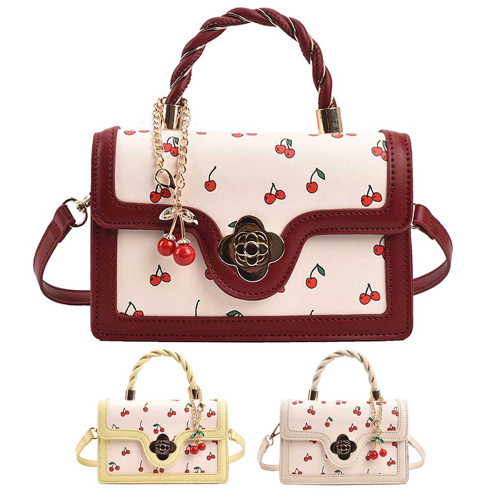Women Cherry Shoulder Bag PU Leather Cherry Square Chain Bag Adjustable Strap Cherry Pattern Sling Bag Female Daily Commute Bag