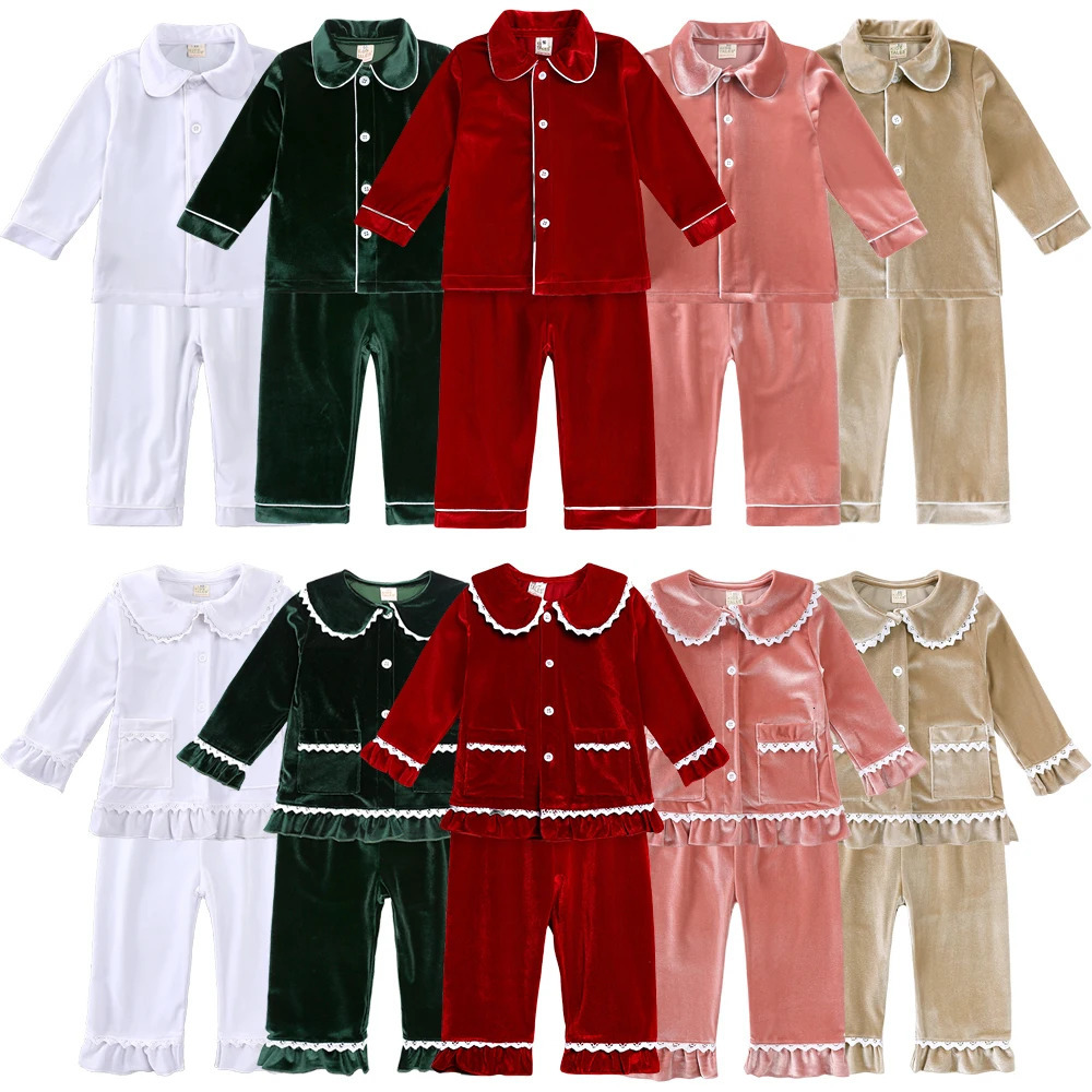 Christmas Kids Costume Red Velvet Long Sleeve Pyjamas Sets Family Match Toddler Boy Girl Robes Dress Suit Xmas Gift Clothes 241112