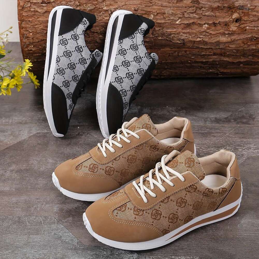 Breathable Women's Retro Rose Print Flat Low Heel Casual Sneakers, Lace-Up Running Shoes, Low-top Trainers