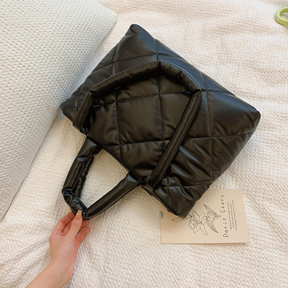 Women Puffy Tote Handbag PU Leather Padded Top Handle Bag Solid Color Large Capacity Ladies Daily Commute Bag