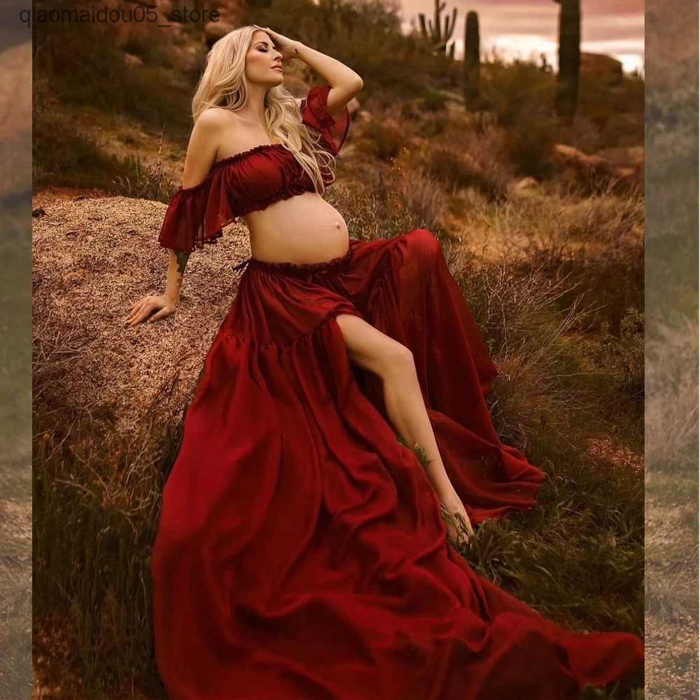 Maternity Dresses Photoshot pregnant womens long coat and top tier pregnant womens pleated semi transparent chiffon baby shower dress Q240413