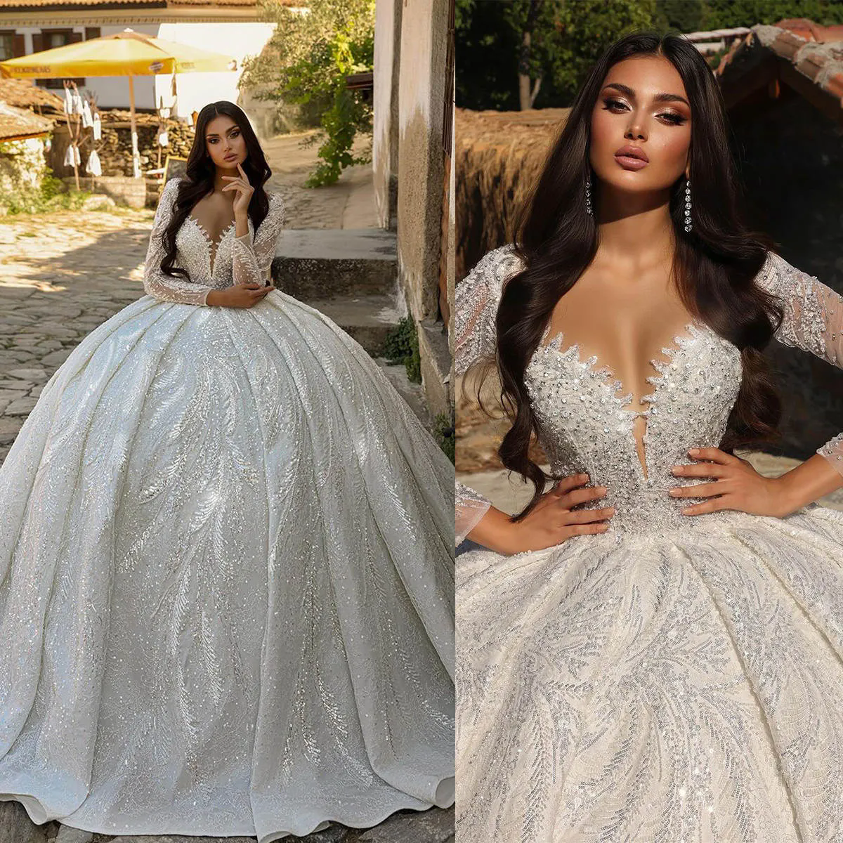 Long Sleeve Sequined Wedding Dress, Deep V Neck, Princess Ball Gown Bridal Gown, Custom Made