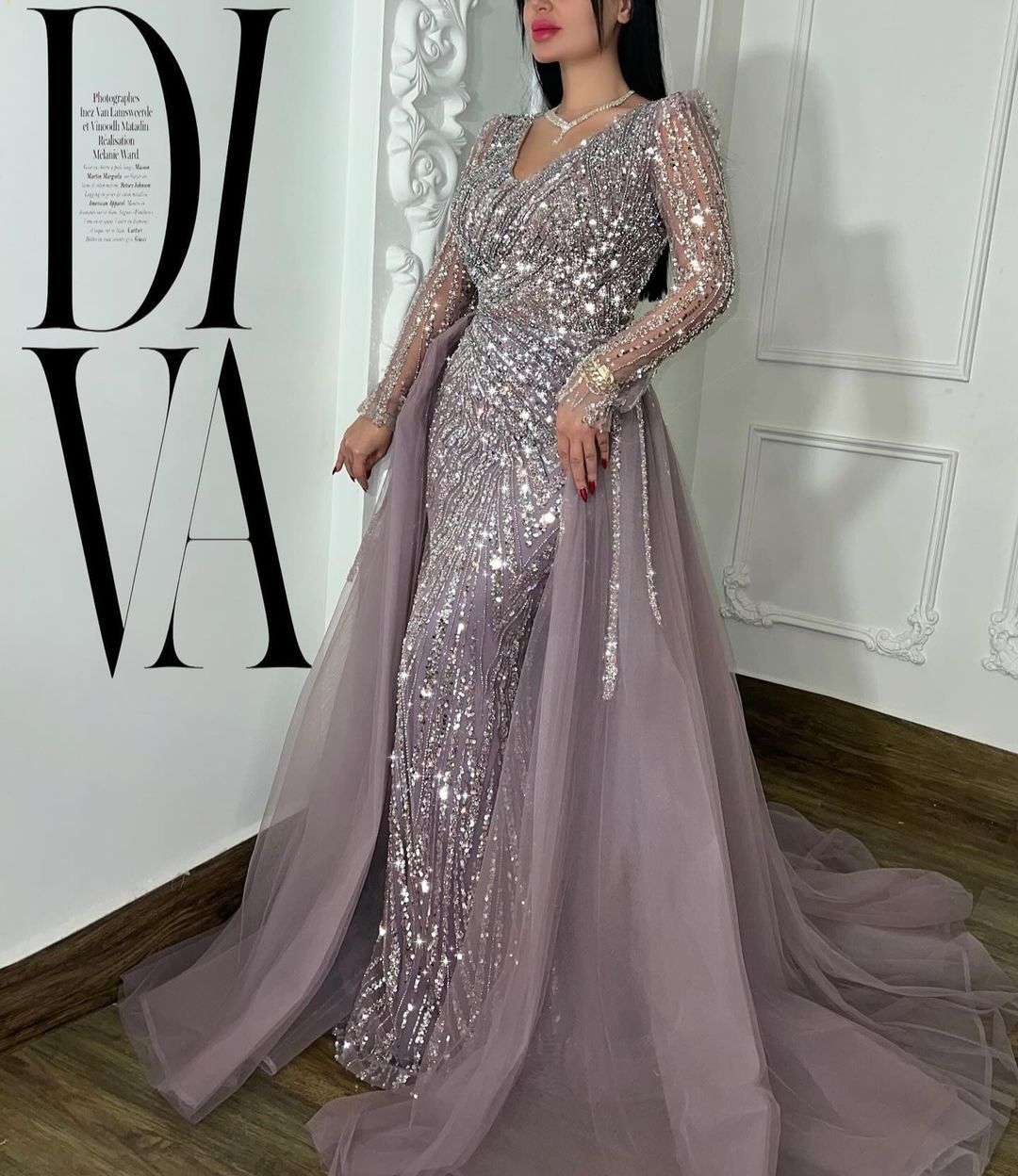 Purple Crystal Mermaid Evening Elegant With Detachable Train V Neck Long Sleeves Beaded Prom Dress Or Length Muslim Formal Dresses For Women Bc19384
