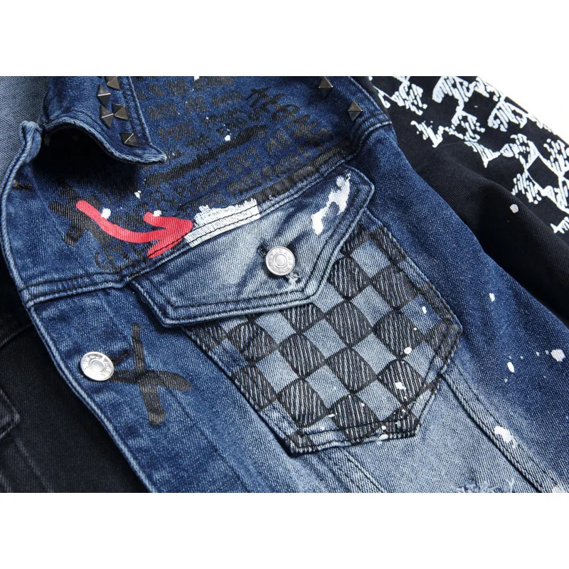 Y2K Street Graffiti Mens Denim Jacket High end Fashion Personalized Spray Paint Printed Jacket Black Casual Loose Denim Top 241112