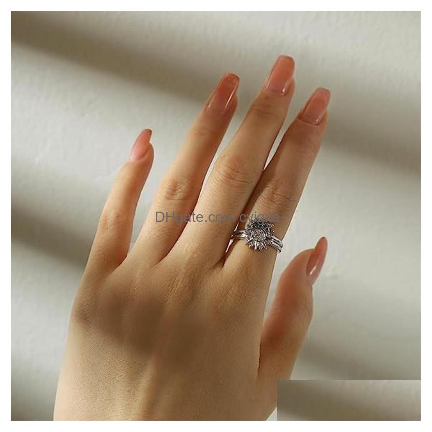 Band Rings 2Pc/Set Summer Couple Ring Set Sky Blue Sparkling Moon And Sun 2023 New Womens Stackable Finger Engagement Jewelry Drop Del Otbnw