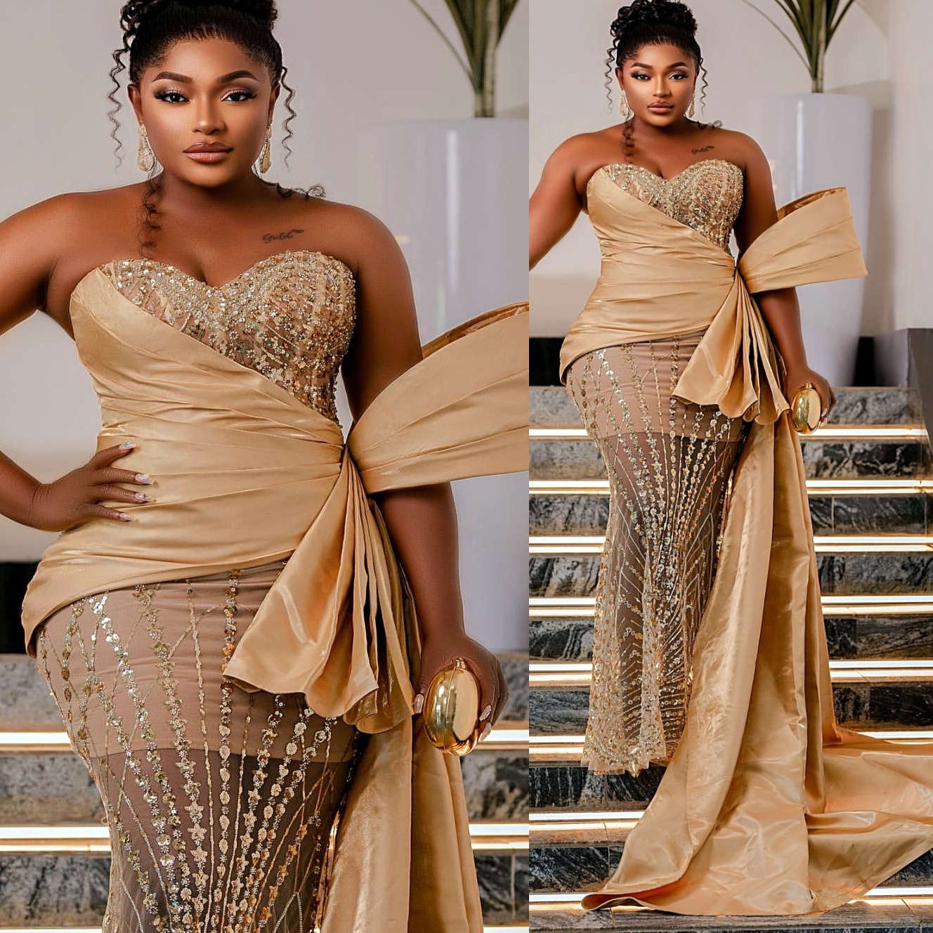 2024 Plus Size Gold Illusion Mermaid Prom Dresses For Special Occasions Sequined Lace Satin Bow Evening Party Birthday Gowns Dress For Women Vestidos 