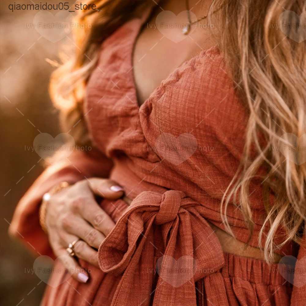 Maternity Dresses Linen cotton maternity dress for photo shooting two-piece set cotton maternity swimsuit Bohemian maternity dress Q240413