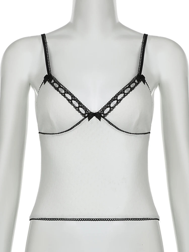 Rockmore Lace Patchwork Bow Camisole Women Summer Sexy V Neck Crop Top Y2K Streetwear Female Aesthetic Clothes 240327