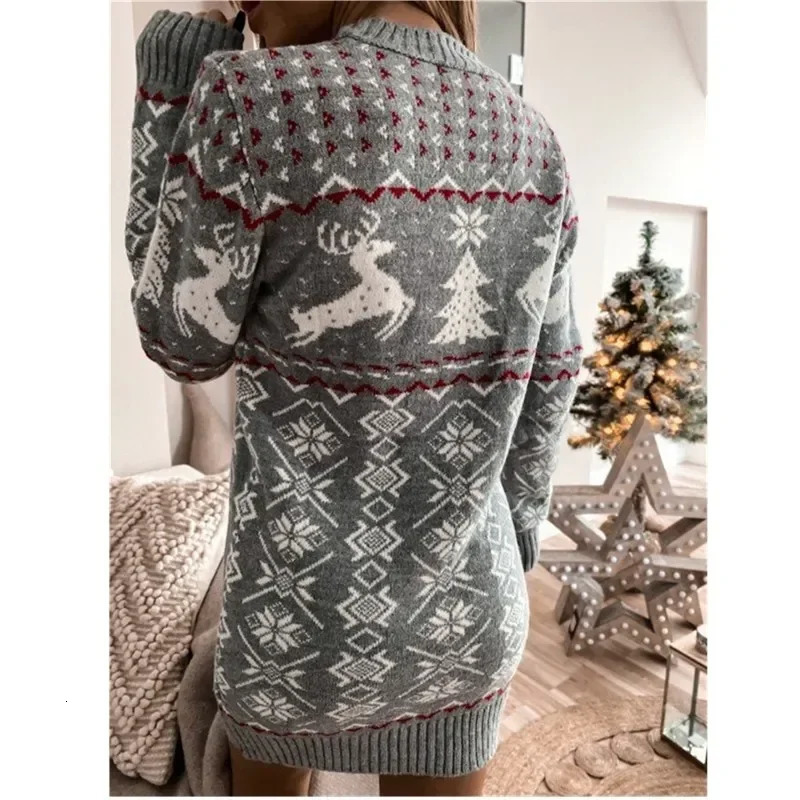 Winter Womens Christmas Sweater Cartoon Deer Print Full Sleeve Knitted Tank Top Jumping Sexy Tight Dress Christmas Appearance 241113