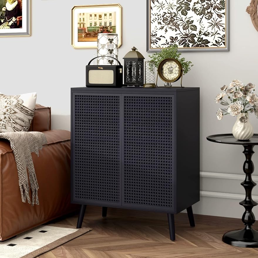 Metal Rattan Accent Cabinet - 2 Door Buffet Storage for Kitchen, Living Room and Hallway, Black